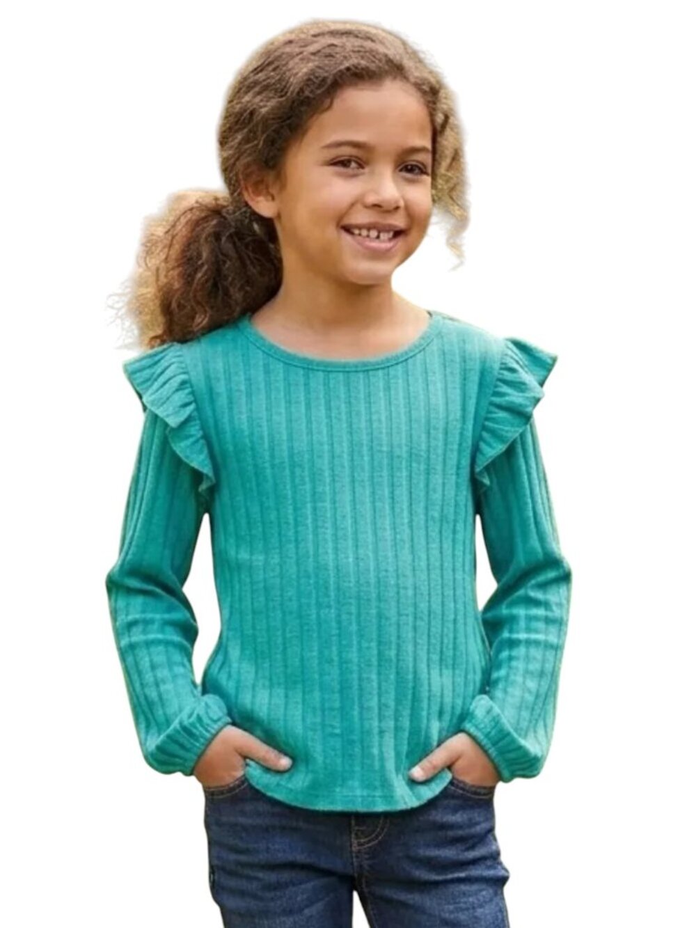 NEW Evsie Long Sleeve Ribbed Ruffled Shoulder Peplum Top Shirt Blouse Solid XS